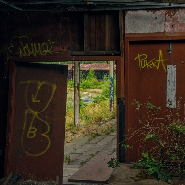 Open rust-brown metal doorway with yellow tags frames an overgrown paved yard and weathered structure beyond.