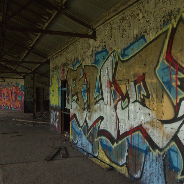 Large multicoloured graffiti pieces cover a weathered concrete wall beside a curving paved walkway under a corrugated canopy at Shawfield Track.