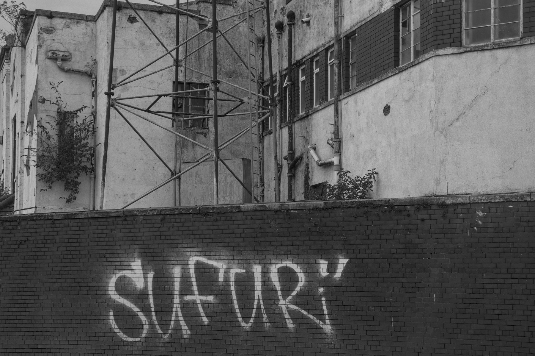 Black-and-white view of metal scaffolding against a weathered industrial building, above a dark brick boundary marked with large graffiti lettering.