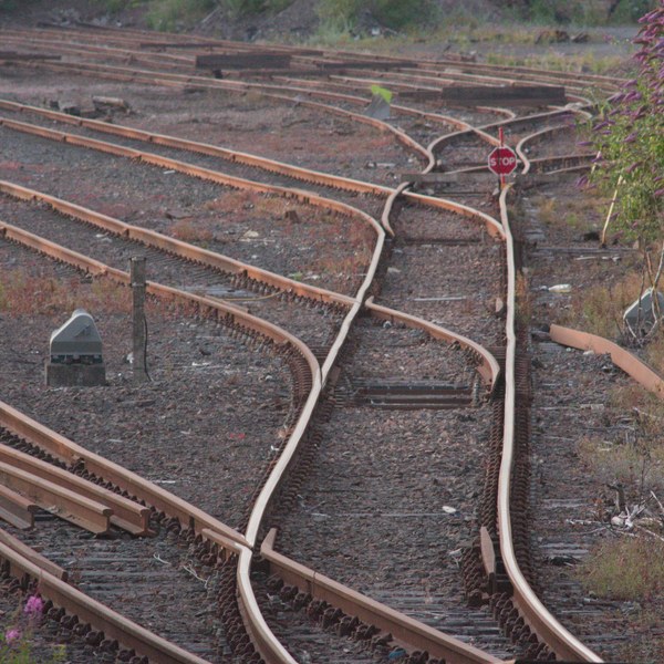 Multiple railway tracks and switch points converge across a gravel rail yard, with a red stop sign beside an overgrown embankment.